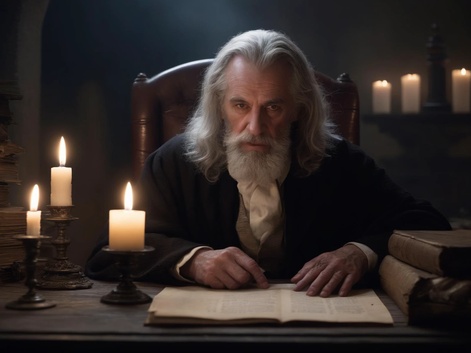 cinematic photography of a Scene from Faust. a restless professor in a chair at his desk. lofty-arched, narrow, Gothic chamber. alchemistic laboratory. grey hair, very sweaty face, unkempt, scruffy, realistic skin. dark energy smoke out, torches, detailed candles. moonlight, fantasy, dramatic, intricate, elegant, highly detailed. smooth, sharp focus, epic light, highly professional photography.