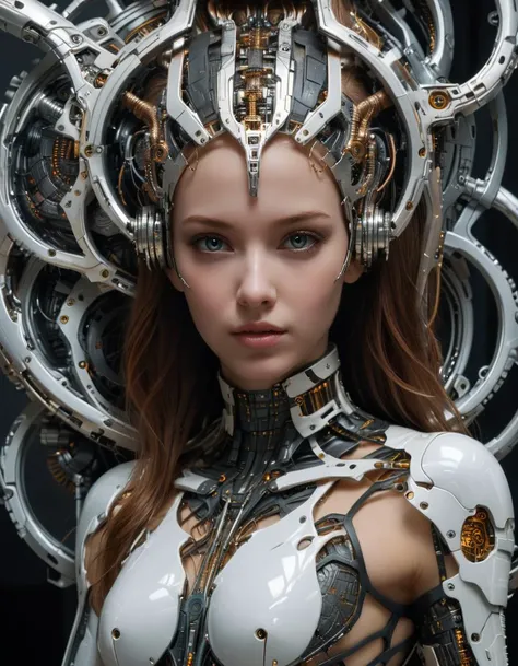 biomechanical cyberpunk A stunningly complex 3D wallpaper featuring biomechanical young woman, natural human skin, her cybernetic parts seamlessly blend with her natural skin, creating a haunting yet alluring presence, delicate lace adorning her outfit, luxurious cyberpunk atmosphere, dimly lit detailed eyes, intricate wiring and microchips power her robotic components, showcases every nuance and texture with breathtaking clarity, every detail on this masterpiece is hyper-realistic, style of Peter Gric and Android Jones, . cybernetics, human-machine fusion, dystopian, organic meets artificial, dark, intricate, highly detailed,
