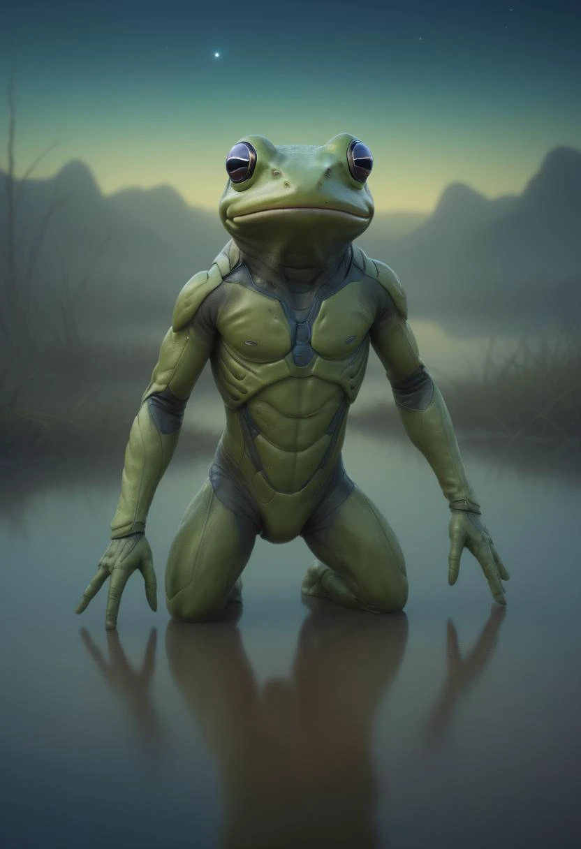 space-themed A smiling, alien frog wearing a translucent stillsuit, in the midst of an alien swamp, from above, its chest is wide and imposing revealing its non-human form, volumetric dust swirls around it as if caught by an unseen wind, background features an iridescent comet streaking across the sky, scifi atmosphere Detailed lines accentuate the creature's musculature while maintaining realism, detailed, realistic, 8k uhd, high quality, natural poison dart frog skin color, . cosmic, celestial, stars, galaxies, nebulas, planets, science fiction, highly detailed, <lora:StillsuitXL_v1.32:0.3>