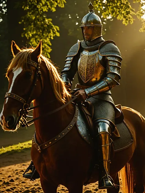 Handsome Knight with detailed armour on Horseback, Cinematic Film Still. 'Muted Naturals' Coloring, stunning lighting. Royal Mood.