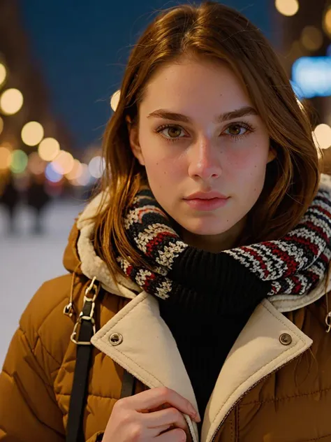 masterpiece, realistic, best quality, beauty girl in city, hloding bag, looking at viewer, winter clothes, cute, solo, brown hair, brown eyes, depth of field, night, realistic, porses,skin detail, acne, detail eyes, (masterpiece,best quality:1.5)