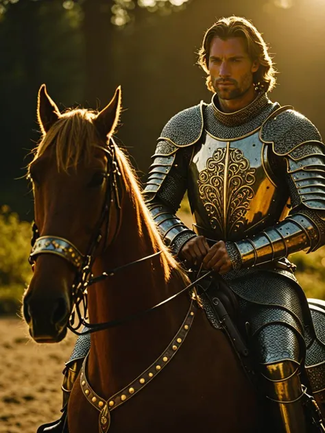Handsome Knight with detailed armour on Horseback, Cinematic Film Still. 'Muted Naturals' Coloring, stunning lighting. Royal Mood.