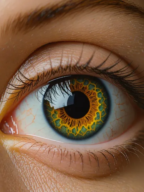 A close-up photo of a human eye, with the intricate patterns of the iris and the reflection of a window in the pupil, emphasizing the complexity and beauty of the most expressive part of the body.