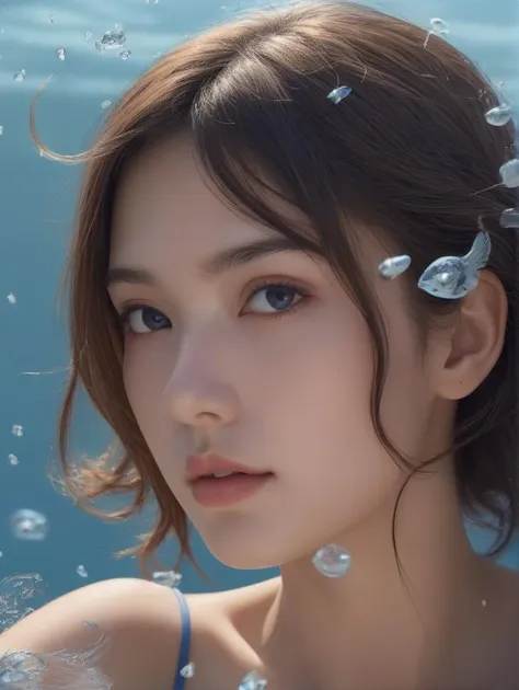 abstract background,(illustration:1),masterpiece,best quality,detailed face and eyes,1 girl,underwater hair physics,air bubbles,light coming through water,reflections,laying in water,split layers of water,school of fish,beauty, , fullbody, anime