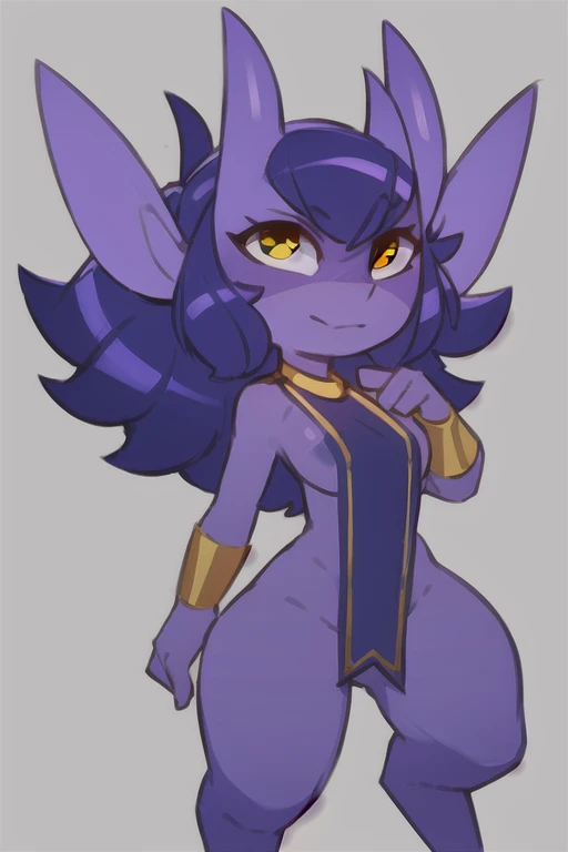 masterpiece, best quality, ultra-detailed, illustration,<lora:tomeimp:0.875>, (tome_imp, purple hair, purple skin yellow eyes, solo:1.3)