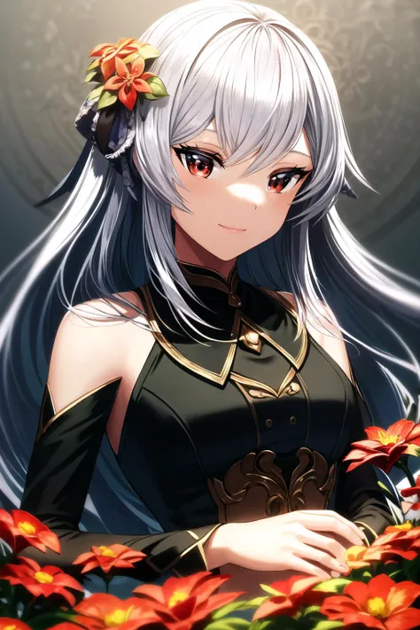 (high quality, high resolution:1.3), 4k, masterpiece,
BREAK
<lora:Silence_Girl_Style:1>, 1girl, upper body, smile, long hair, uniform, formal, skirt, hair flower, flower, red flower, red eyes, white hair, detailed face, breasts, small breasts, eyelashes, mole under mouth, <lora:NoiseOffset_v2:1.0>