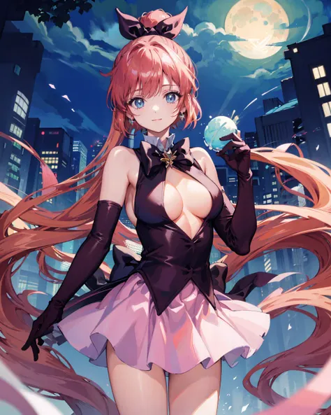 masterpiece,1girl,standing,cowboy shot, elbow gloves,
pink skirt, haneoka meimi, <lora:HaneokaMeimiV1:0.9>,
light smile, closed mouth,
outdoors,cityscape, night,moon,large breasts, (underboob_cutout)