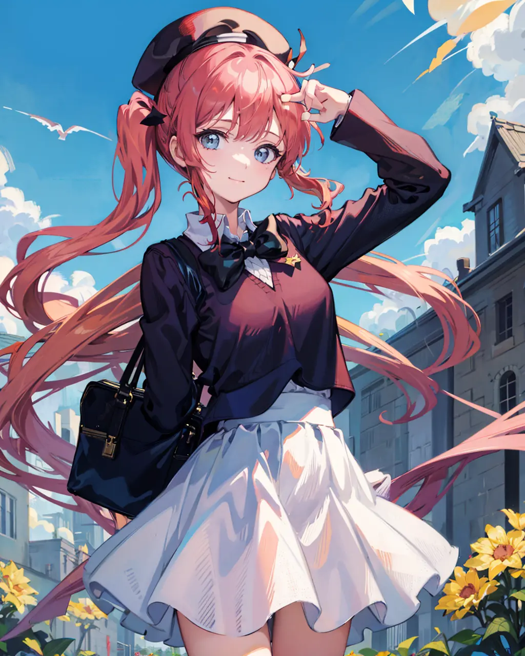 masterpiece,1girl,standing,cowboy shot, ((school_uniform)), <lora:HaneokaMeimiV1:0.9>,
light smile, closed mouth,
outdoors,garden,beret,