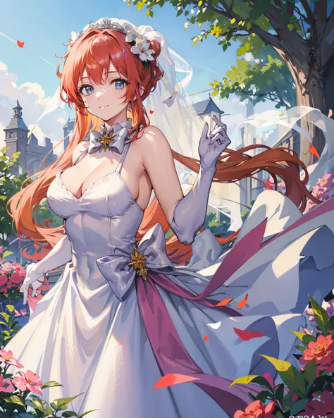 masterpiece,1girl,standing,cowboy shot, ((wedding dress)), <lora:HaneokaMeimiV1:0.9>,
light smile, closed mouth, large breasts, orange hair,
outdoors,garden,veil,