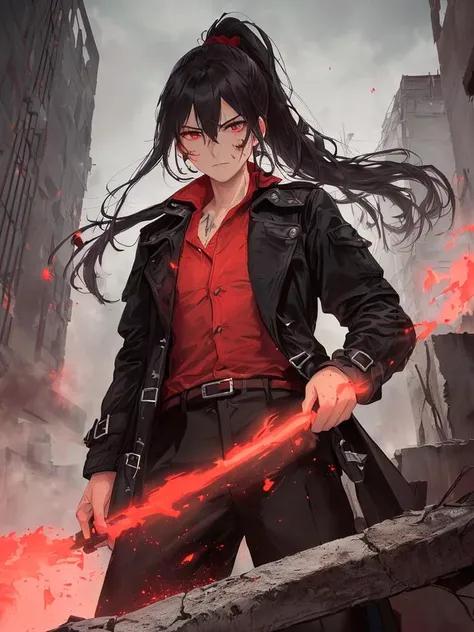 (best quality),(beautiful detailed eyes),((masterpiece)),(highly detailed:1.5),(an extremely delicate and beautiful:1.5),(1girl:1.4),((masterpiece)),(best quality),(((solo))),highres,(cinematic lighting:1.4),((illustration)),((1girl)),(beautiful detailed red eyes),(extremely detailed face:1.2),dynamic angle,(long black loose trench coat with less decorations:1.4),long sleeves,(black jacket and trousers:1.4),(floating black hair:1.3),((dense disheveled long hair)),(long ponytail:1.3),colored inner hair,shinny hair,(waist long hair),(indifferent:1.2),(dismissive),(false smile),(handsome female with mighty majesty:1.4),(handsome mature face:1.3),(face scar:1.4),(fighting_stance:1.2),(reliable female:1.2),(flat chest),(upper body:1.2),(close to viewer),(the determination of protecting others:1.3),(manliness:1.3),(best shadow),(standing in the cyber urban ruins with dust flowing:1.3),(oil painting),(meticulous painting),(thick red mist:1.4),(dangerous),(smoke of gunpowder),(machine),(many glowing red particles),red fragments,(red fog:1.3),red stratocumulus,(reflection,drizzle),meteor,outdoors,railing,ribbon,rooftop,distort space