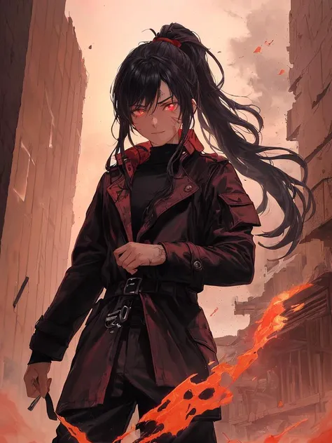 (best quality),(beautiful detailed eyes),((masterpiece)),(highly detailed:1.5),(an extremely delicate and beautiful:1.5),(1girl:1.4),((masterpiece)),(best quality),(((solo))),highres,(cinematic lighting:1.4),((illustration)),((1girl)),(beautiful detailed red eyes),(extremely detailed face:1.2),dynamic angle,(long black loose trench coat with less decorations:1.4),long sleeves,(black jacket and trousers:1.4),(floating black hair:1.3),((dense disheveled long hair)),(long ponytail:1.3),colored inner hair,shinny hair,(waist long hair),(indifferent:1.2),(dismissive),(false smile),(handsome female with mighty majesty:1.4),(handsome mature face:1.3),(face scar:1.4),(fighting_stance:1.2),(reliable female:1.2),(flat chest),(upper body:1.2),(close to viewer),(the determination of protecting others:1.3),(manliness:1.3),(best shadow),(standing in the cyber urban ruins with dust flowing:1.3),(oil painting),(meticulous painting),(thick red mist:1.4),(dangerous),(smoke of gunpowder),(machine),(many glowing red particles),red fragments,(red fog:1.3),red stratocumulus,(reflection,drizzle),meteor,outdoors,railing,ribbon,rooftop,distort space