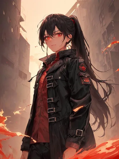 (best quality),(beautiful detailed eyes),((masterpiece)),(highly detailed:1.5),(an extremely delicate and beautiful:1.5),(1girl:1.4),((masterpiece)),(best quality),(((solo))),highres,(cinematic lighting:1.4),((illustration)),((1girl)),(beautiful detailed red eyes),(extremely detailed face:1.2),dynamic angle,(long black loose trench coat with less decorations:1.4),long sleeves,(black jacket and trousers:1.4),(floating black hair:1.3),((dense disheveled long hair)),(long ponytail:1.3),colored inner hair,shinny hair,(waist long hair),(indifferent:1.2),(dismissive),(false smile),(handsome female with mighty majesty:1.4),(handsome mature face:1.3),(face scar:1.4),(fighting_stance:1.2),(reliable female:1.2),(flat chest),(upper body:1.2),(close to viewer),(the determination of protecting others:1.3),(manliness:1.3),(best shadow),(standing in the cyber urban ruins with dust flowing:1.3),(oil painting),(meticulous painting),(thick red mist:1.4),(dangerous),(smoke of gunpowder),(machine),(many glowing red particles),red fragments,(red fog:1.3),red stratocumulus,(reflection,drizzle),meteor,outdoors,railing,ribbon,rooftop,distort space