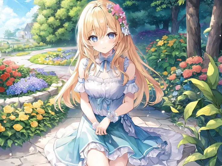(best quality),(beautiful detailed eyes),((masterpiece)),(Garden:1.3 ),flower,Cartoon,1girl,water,star \(sky\),