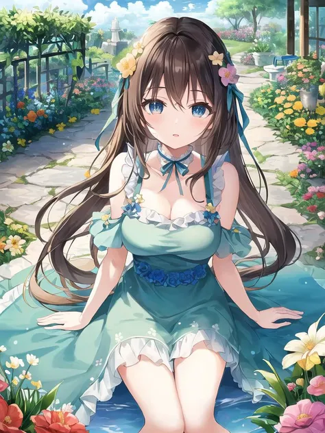 (best quality),(beautiful detailed eyes),((masterpiece)),(Garden:1.3 ),flower,Cartoon,1girl,water,star \(sky\),