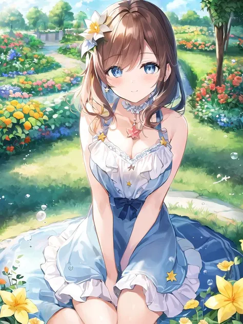(best quality),(beautiful detailed eyes),((masterpiece)),(Garden:1.3 ),flower,Cartoon,1girl,water,star \(sky\),