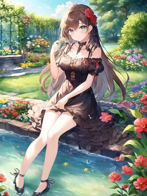 (best quality),(beautiful detailed eyes),((masterpiece)),(Garden:1.3 ),flower,Cartoon,1girl,water,star \(sky\),