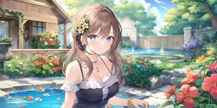 (best quality),(beautiful detailed eyes),((masterpiece)),(Garden:1.3 ),flower,Cartoon,1girl,water,star \(sky\),
