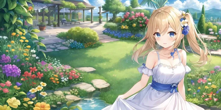 (best quality),(beautiful detailed eyes),((masterpiece)),(Garden:1.3 ),flower,Cartoon,1girl,water,star \(sky\),