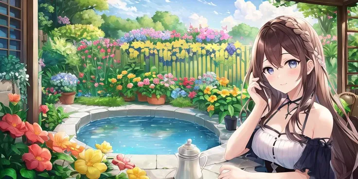 (best quality),(beautiful detailed eyes),((masterpiece)),(Garden:1.3 ),flower,Cartoon,1girl,water,star \(sky\),