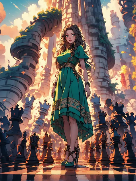 angel_wings <lora:has_wings:0.5>, vast chessboard <lora:chess_20231101021259:1>, Vector Art, In a surreal landscape, a young woman with long curly hair and a flowing green dress adorns a digital artwork. She wears a vibrant Italian WrittenOnClothes, crafted entirely by a handmade doll, at Sunset, Digital Art, Direct light, epic atmosphere, set logical ambient background, cinematic perfect intricate stunning fine detail, detailed, luxurious sharp focus, located artistic