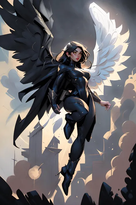 concept art (Digital Artwork:1.3) of (Graphic novel:1.3),(Lustful:1.3) <lora:ComiDusk:1.0>, (Comistyle:1.4), woman, super hero, (flying:1.2), black clothes, <lora:nijiarmor_anime_v2:0.75>, <lora:has_wings:0.5> has_wings, angel_wings,CGSociety,ArtStation, digital artwork, illustrative, painterly, matte painting, highly detailed