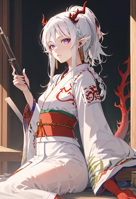 best quality, masterpiece, highres, solo, (nian_arknights:1.10), (white kimono:1.35), (red hakama:1.35), (wide sleeves:1.20), 21 <lora:nian_arknights:0.80>