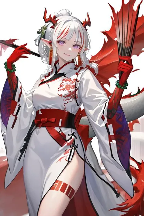 best quality, masterpiece, highres, solo, {white kimono:1.35}, {red hakama:1.35}, {wide sleeves:1.20}, {nian_arknights:1.15}, horns, pointy_ears, white_hair, multicolored_hair, red_hair, purple_eyes, streaked_hair, bangs, long_hair, jewelry, braid, smile, breasts, dragon_horns, earrings, upper_body, colored_skin, red_skin