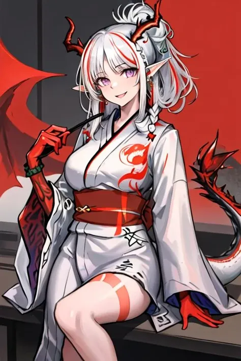 best quality, masterpiece, highres, 1girl, solo, {yukata:1.40}, {kimono:1.20}, {nian_arknights:1.15}, horns, pointy_ears, white_hair, multicolored_hair, red_hair, purple_eyes, streaked_hair, bangs, long_hair, jewelry, braid, smile, breasts, dragon_horns, earrings, colored_skin, red_skin
