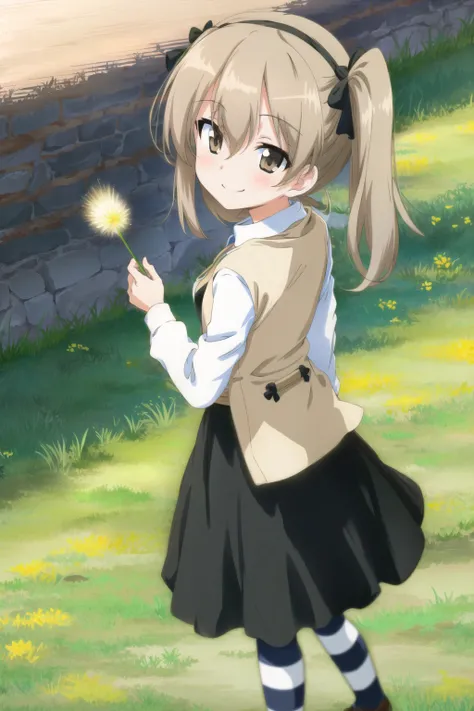 <lora:shimada_arisu:0.7>, shimada arisu, 1girl, one side up, brown eyes, smile, striped, pantyhose, mary janes, skirt, from behind, looking back, grass