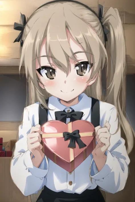 <lora:shimada_arisu:0.8>, shimada arisu, 1girl, brown eyes, one side up, smile, gift, blush, box, looking at viewer, heart, standing