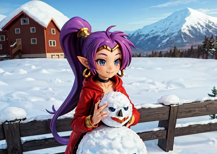 masterpiece:1.2, best quality, shantae, tiara, choker, hoop earrings, red winter coat, vambraces, red snow pants, red snow boots, snow, mountain, cold, blizzard, upper body, smiling, snow covered, building a snowman, snowman, <lora:shantae-nvwls-v1-final:0.8>