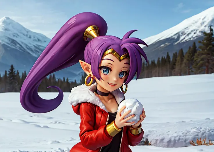 masterpiece:1.2, best quality, shantae, tiara, choker, hoop earrings, red winter coat, vambraces, red snow pants, red snow boots, snow, mountain, cold, blizzard, upper body, smiling, snow covered, ((throwing snow balls)), <lora:shantae-nvwls-v1-final:0.8>