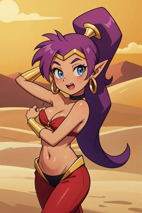 masterpiece, best quality, shantae, tiara, choker, hoop earrings, o-ring bandeau, vambraces, red pants, cowboy shot, dancing, looking at viewer, desert <lora:shantae-nvwls-v1-000010:0.9>
