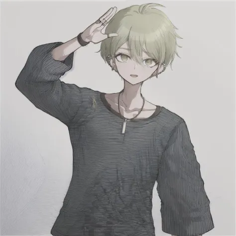 danganronpaRantaroAmami, masterpiece, high quality, (24 years old:1.3), (masculine), masculine face, 1boy, solo, waving, (white background:1.3), plain background, simple background, short hair, full body visible, pants, shoes, bangs, simple background, white background, hair between eyes, jewelry, green eyes, male focus, earrings, green hair, shiny, necklace, shiny hair, piercing, antenna hair, ear piercing <lora:danganronpaRantaroAmami:1>
