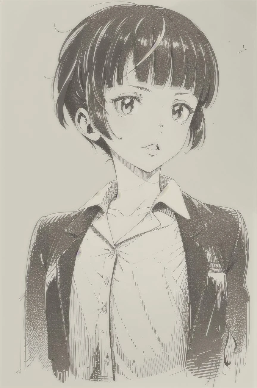 ((masterpiece,best quality, detailed)), 1girl, solo, (sketch:1.1), paper, monochrome, cropped torso, portrait,
tsunemori akane, collared shirt, <lora:oldSketchStyle_v1:1>, <lora:TsunemoriAkaneV1:0.7>