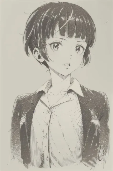 ((masterpiece,best quality, detailed)), 1girl, solo, (sketch:1.1), paper, monochrome, cropped torso, portrait,
tsunemori akane, collared shirt,  <lora:oldSketchStyle_v1:1>,  <lora:TsunemoriAkaneV1:0.7>