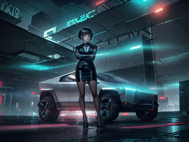 Top quality, (cyberpunk:1.3), (cyber city:1.4), cool, (1 girl:1.8), car, cybertech, <lora:CyberTruckDogu:1> cybtruk, 1girl, solo, outdoors, city, night, city lights, neon lights, legs apart, crossed arms, alley, tsunemori akane, pencil skirt, dress shirt, black jacket, pantyhose, black skirt, <lora:TsunemoriAkaneV2_3:0.8>