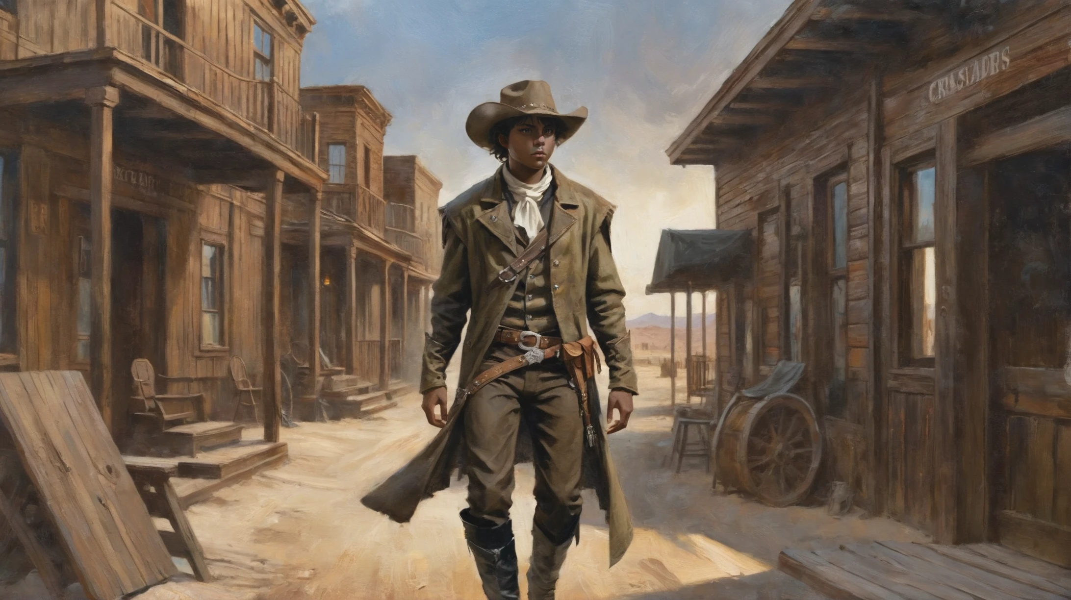 digital art, warmly lit interior, in a Quiet Wild west ghost town, (full body:1.2), 1boy, man, handsome, solo, [:creative costume design,:0.2] crusader, (dark skin:1.3), olive hair, (average:1.3) build