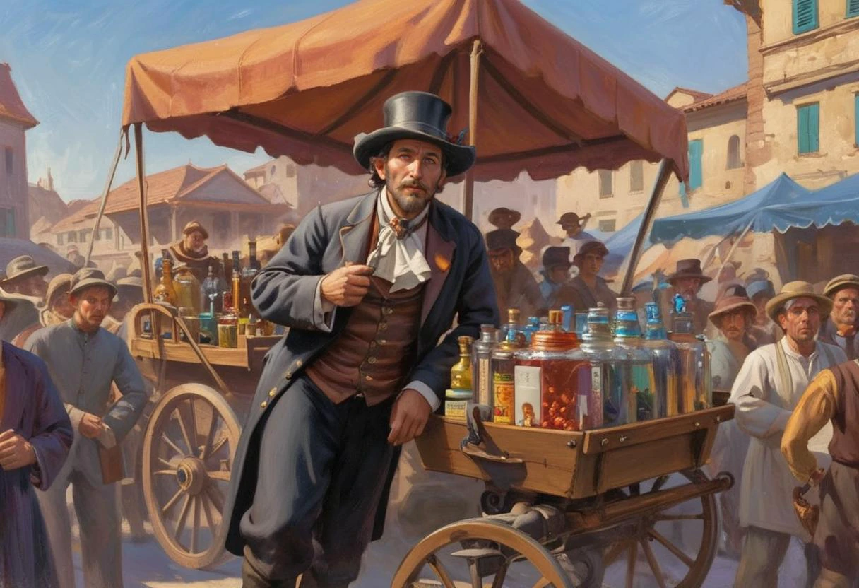 masterpiece,award winning,fantasy merchant, standing with colorful wagon full of wares. With a gleam in his eye, he sells his snake oil to the crowd surround his wagon.