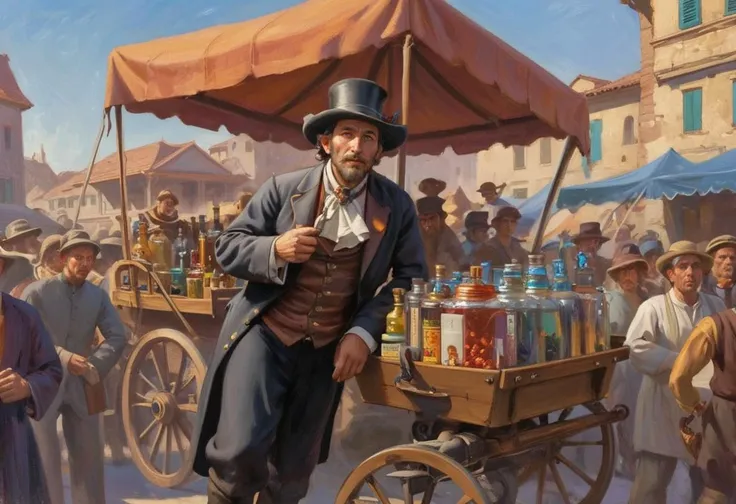 masterpiece,award winning,fantasy merchant, standing with colorful wagon full of wares. With a gleam in his eye, he sells his snake oil to the crowd surround his wagon.