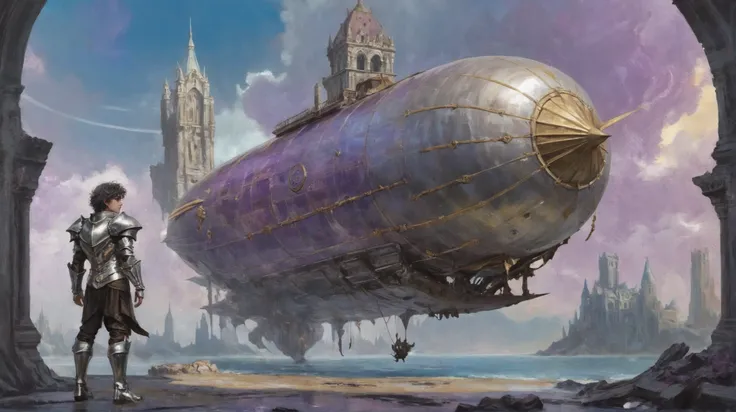 digital art, airship dock in a ruined fantasy topia at the end of the universe, masterpiece, (full body:1.2), 1boy, man, solo, [:epic costume design,:0.2] paladin, (old silver armor:1), caucasian, bright darkorchid hair, (bulky:1) build