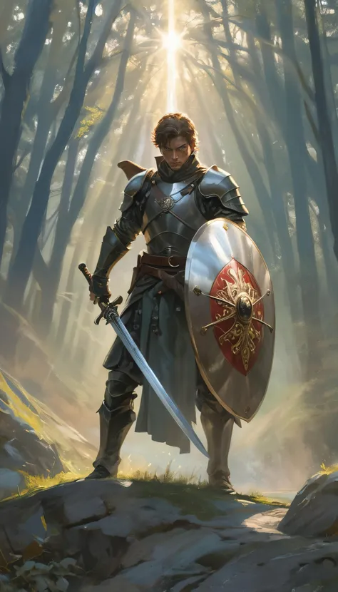 masterpiece,award winning,fantasy swordsman standing in defensive pose,holding sword and shield,light reflecting off shield blinding viewer,lens flare,bright light,heavily shadowed nature background,