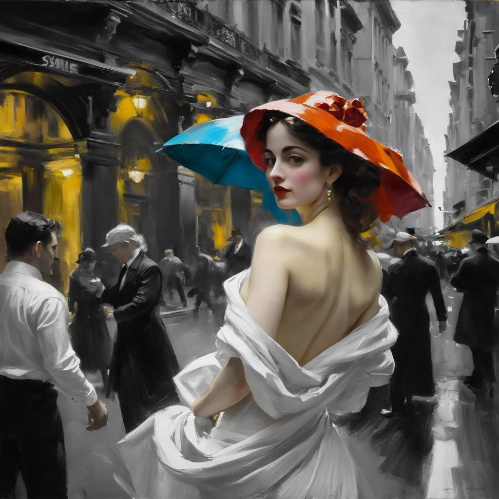 an color splash style oil painting depicting sensuality in the city, (focal object in one vibrant color:1.7) in an otherwise black and white setting, in the style of john singer sargent