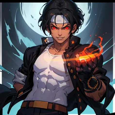 highest quality, 8K, high resolution image, anime style Jujutsu Kaisen, detailed strokes, bored look, blurry, purple light reflecting from it, (close angle), 1 man, male, model, cool guy, strong Man, multicolored background with different geometric shapes, around stickers, muscular, neon green hair, red eyes, short hair hairstyle: undercut, puffy chest. He wears a a black sweater with a high collar and black sweatpants, he is dressed like a ninja, hand in his pocket, background: Desert city, he stands in the desert behind him is a gold black sandstorm, black sand, golden sand, sandstorm