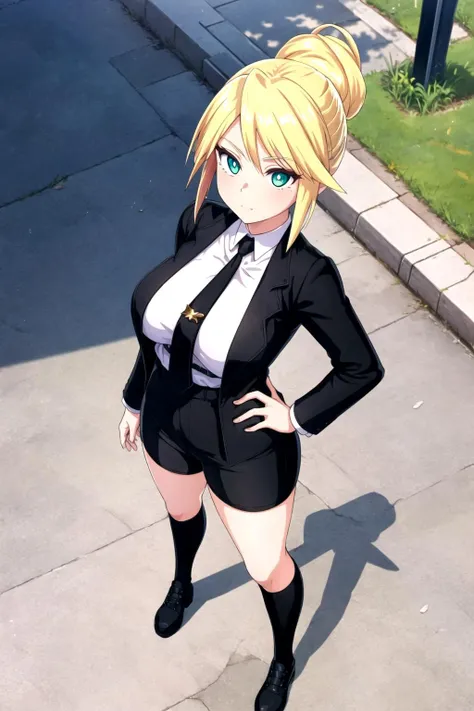 masterpiece, best quality, 1girl,solo, girls und panzer, oshida, bc freedom school uniform, white shirt,diagonal-striped necktie, black vest, black dress, looking at viewer, from behind, ass, annoyed, blush, outdoors, blue sky <lora:Oshida:0.6>