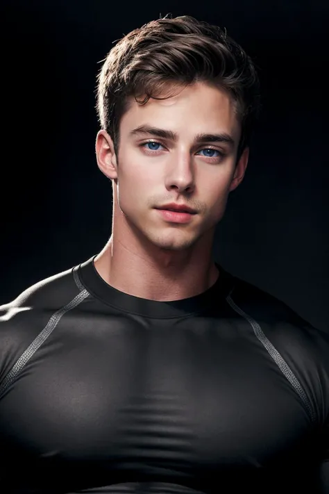 closeup photo of tyson_dayley <lora:tyson_dayley-08:0.75> wearing a fitted black compression shirt, plain matte black backdrop, soft directional lighting, even lighting, intense powerful mood