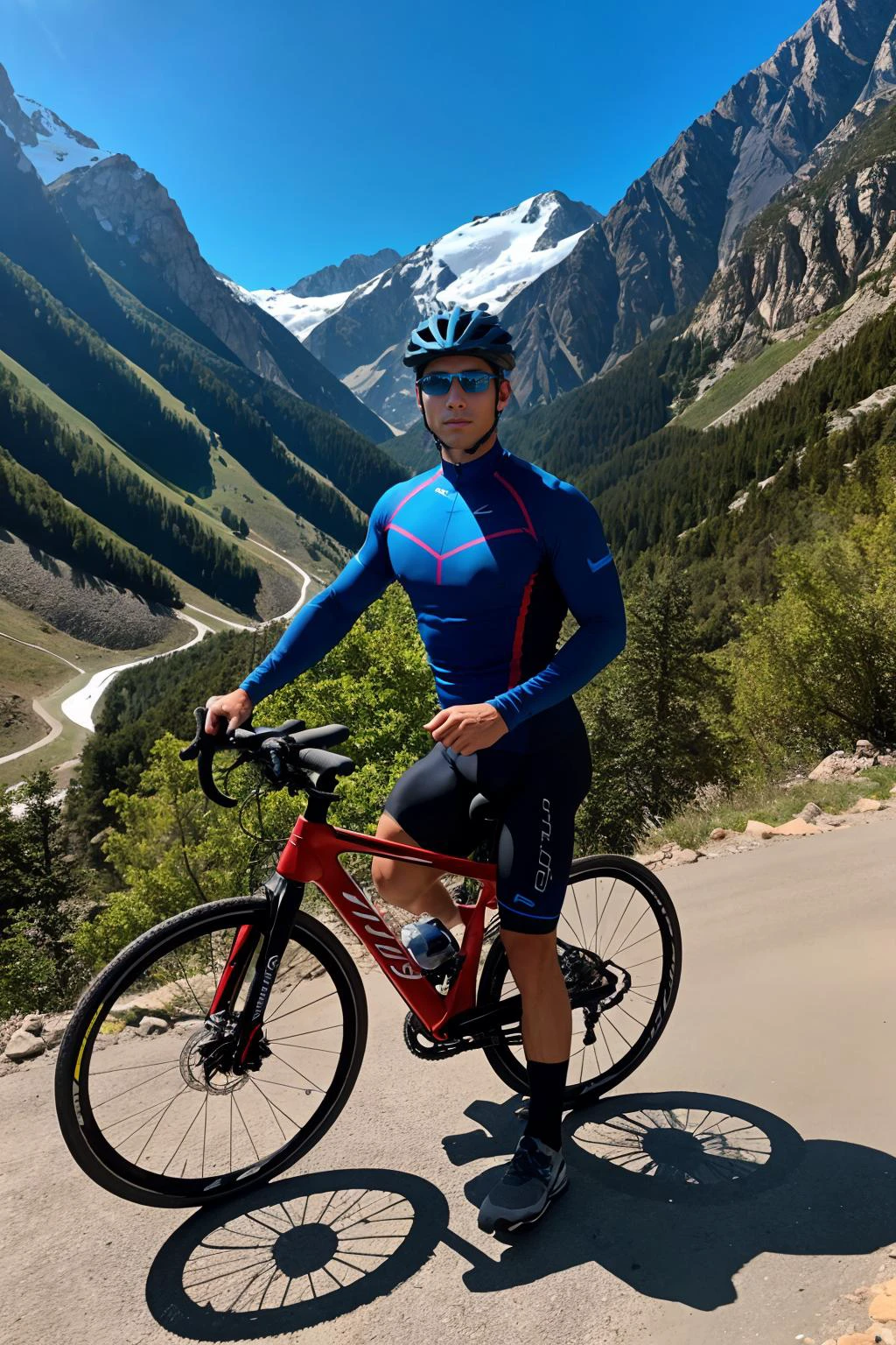 mountainous road through the Pyrenees Mountains, dramatic overlook, standing next to a bicycle, sweaty tyson_dayley, wearing cycling compression shirt, cycling compression shorts, holding a water bottle, (((full body portrait))), wide angle <lora:tyson_dayley:0.8>