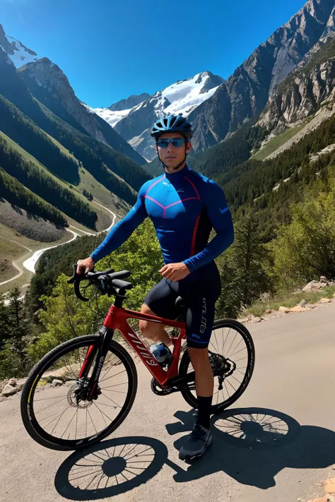 mountainous road through the Pyrenees Mountains, dramatic overlook, standing next to a bicycle, sweaty tyson_dayley, wearing cycling compression shirt, cycling compression shorts, holding a water bottle, (((full body portrait))), wide angle  <lora:tyson_dayley:0.8>