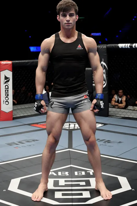 UFC fighting ring, standing in the ring, sweaty tyson_dayley, wearing dark gray (muscle shirt), (UFC Venum shorts), (UFC fighting gloves), fighting stance, (((full body portrait))), wide angle <lora:tyson_dayley:0.8>