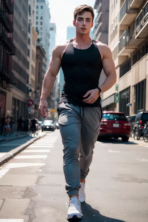 ((masterpiece)), ((best quality:1.2)), High Resolution, 8k, (ultra_realistic:1.3), (photorealistic:1.4), (instagram model, handsome:1.2), sharp focus, <lora:tyson_dayley:0.8> tyson_dayley, wearing gray jogger pants and black tank top, jogging through the streets of new york, early morning